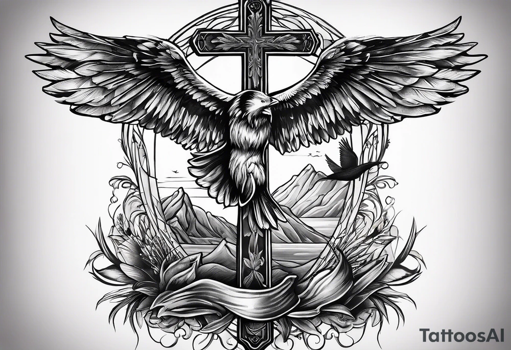 Backpacking fishing Wildlife theme and background with a Christian cross tattoo idea