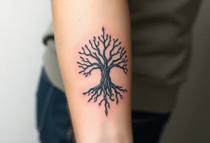 mystical tree of life with cosmic roots and celestial branches tattoo idea