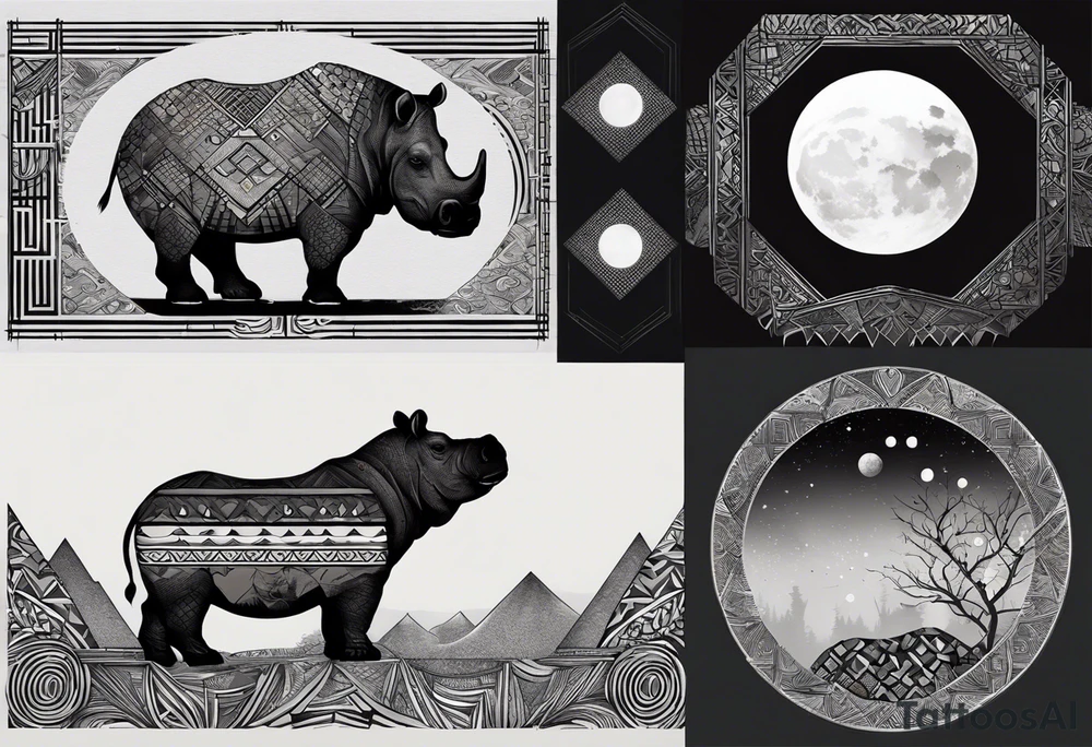 Very asymmetrical, +geometric pattern, with realistic full moon, with hippo,+tribal, +geometric, +inkart , +blackwork, +grey scale, + sketch
with wintersweet flower bud, +inkart touch, +for men, detailed , combined favourite , tattoo idea