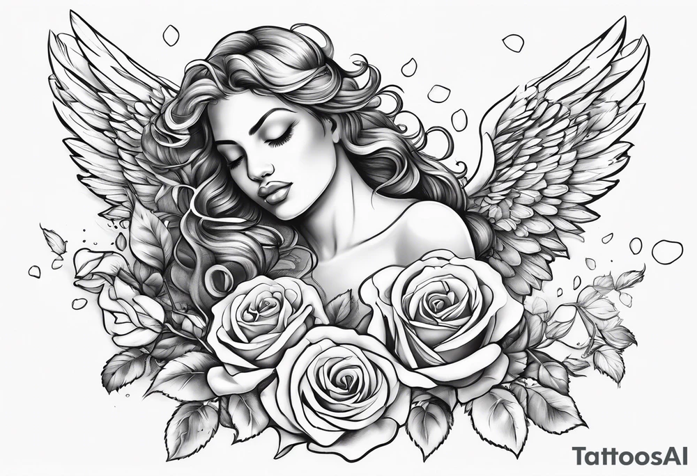 rose wit petals falling onto angel constantly sweeping the roses tattoo idea