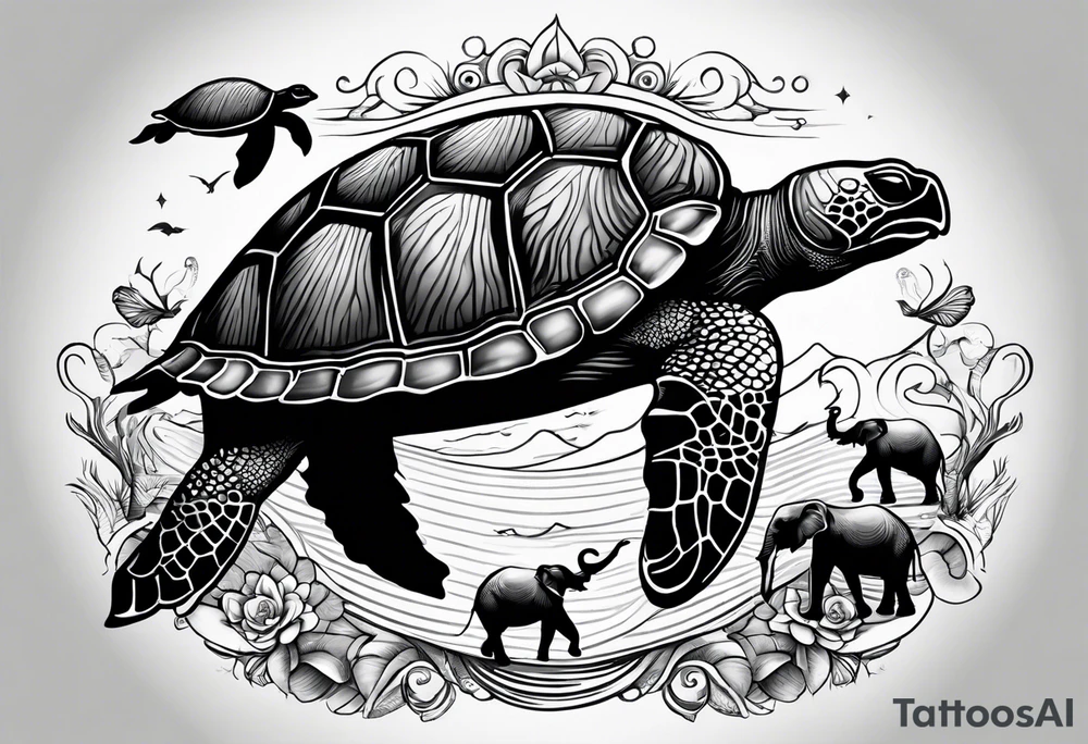Sea turtle with 4 elephants on its shell holding the world tattoo idea