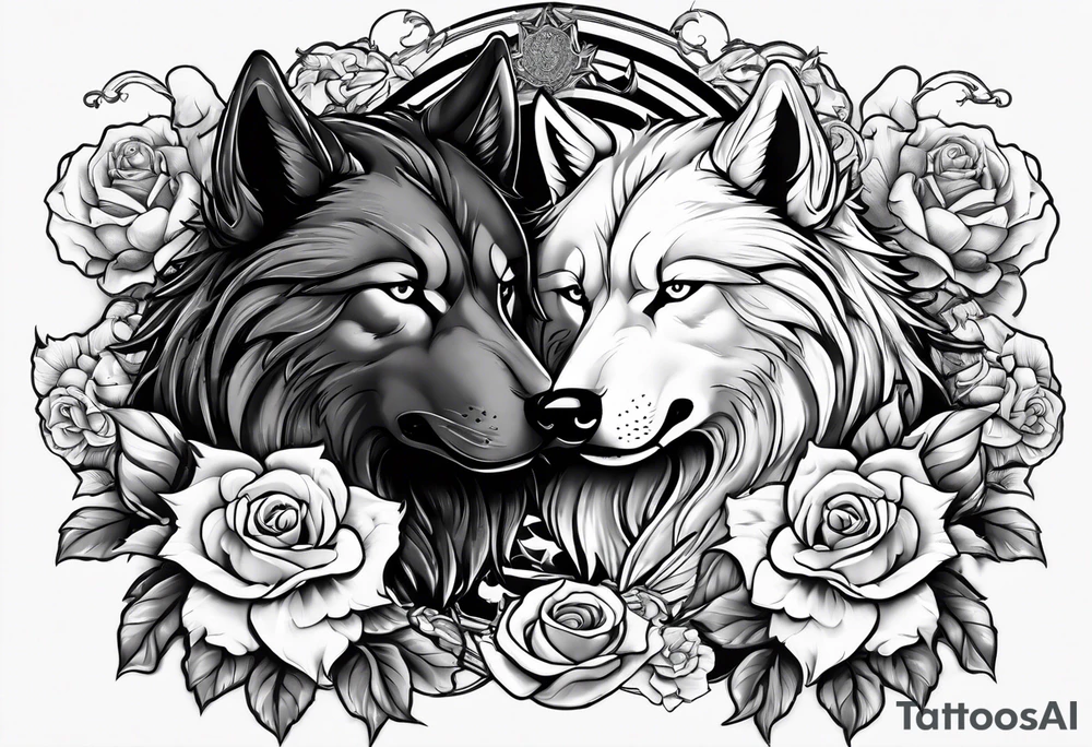 Raging storm with vicious wolf. Design for a chest piece.  Include roses and lilys tattoo idea