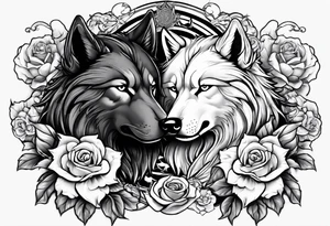 Raging storm with vicious wolf. Design for a chest piece.  Include roses and lilys tattoo idea