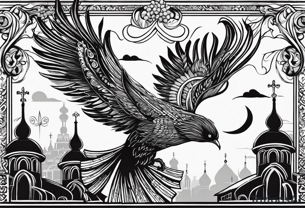 russian firebird in-flight with long fancy tail and 3 small onion cap monastery towers in background, with "Isaiah 43: 18-19" tattoo idea