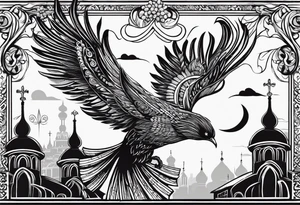 russian firebird in-flight with long fancy tail and 3 small onion cap monastery towers in background, with "Isaiah 43: 18-19" tattoo idea