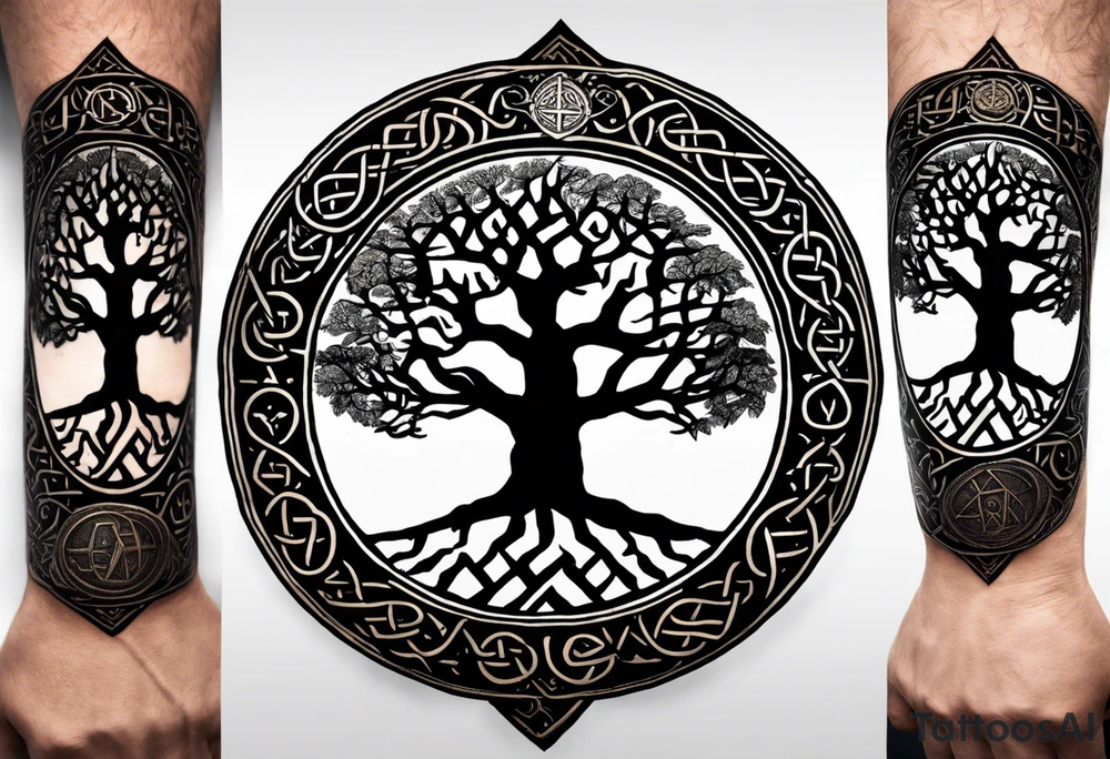 Yggdrasil: In the center of the forearm, representing the connection between the nine worlds.
Vegvisir: Integrated alongside Yggdrasil, symbolizing direction and protection.
Valknut: Placed near Yggdrasil, symbolizing the connection with Odin.
A chain filled of the following runes surrounding the forearm and previous tatto:
Uruz (ᚢ) The Uruz
Raido (ᚱ) The Raido
Gebo (ᚷ) The World
Perthro (ᛈ)
Elhaz (ᛉ) The Great One
Laguz (ᛚ) The Laguz
Odin’s Ravens: Located near Yggdrasil, representing wisdom.
Nine Worlds: Subtly integrated into the design of Yggdrasil. tattoo idea