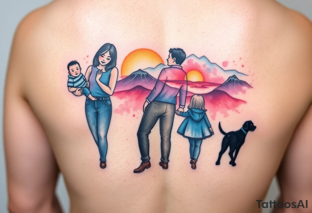 Family 2 parents, 1 baby boy in his mother’s arms, one 3-year girl holding the hand of the father and the mother and one black dog walking through the the sunset and mountains tattoo idea