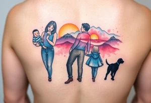 Family 2 parents, 1 baby boy in his mother’s arms, one 3-year girl holding the hand of the father and the mother and one black dog walking through the the sunset and mountains tattoo idea