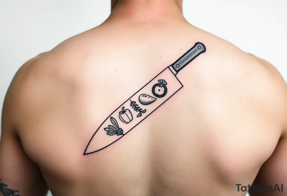 geometric fine line tattoo of a chefs knife with visual representation of the 5 tastes tattoo idea