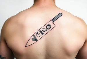 geometric fine line tattoo of a chefs knife with visual representation of the 5 tastes tattoo idea