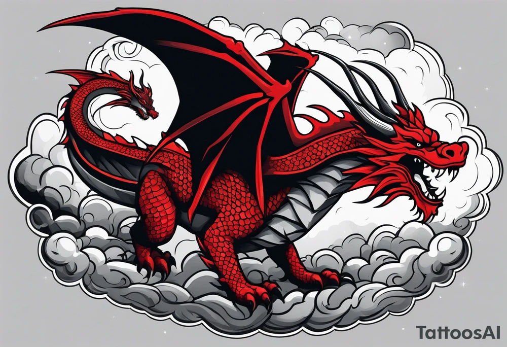 A red dragon emerging from the gray and black layered clouds in a sky where lightning flashes tattoo idea