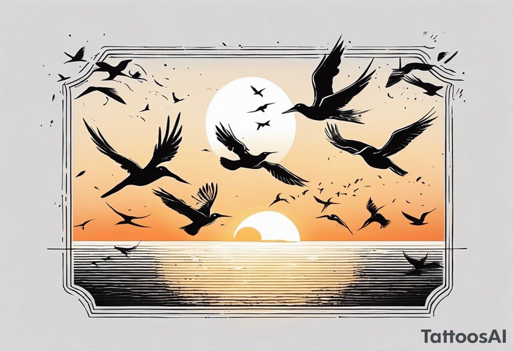 Sunset over the sea with birds flying in a rectangle tattoo idea Sunset over the sea with birds flying in a rectangle tattoo idea