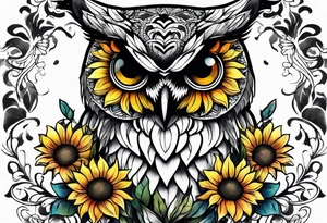 Leg sleeve with colorful sunflowers and an owl tattoo idea