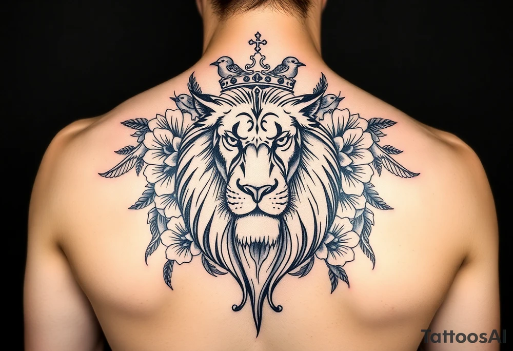 powerful majestic lion with a crown, surrounded by floral ornaments and birds tattoo idea