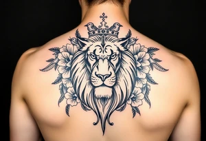 powerful majestic lion with a crown, surrounded by floral ornaments and birds tattoo idea