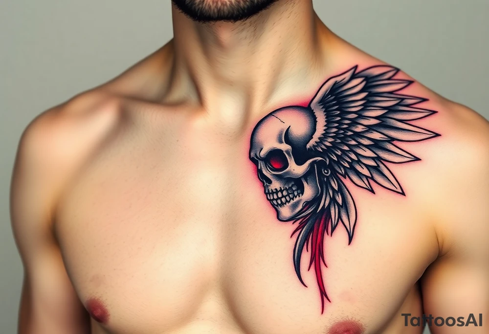 Angel skull black and red on left chest male tattoo idea