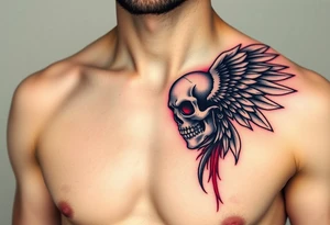 Angel skull black and red on left chest male tattoo idea
