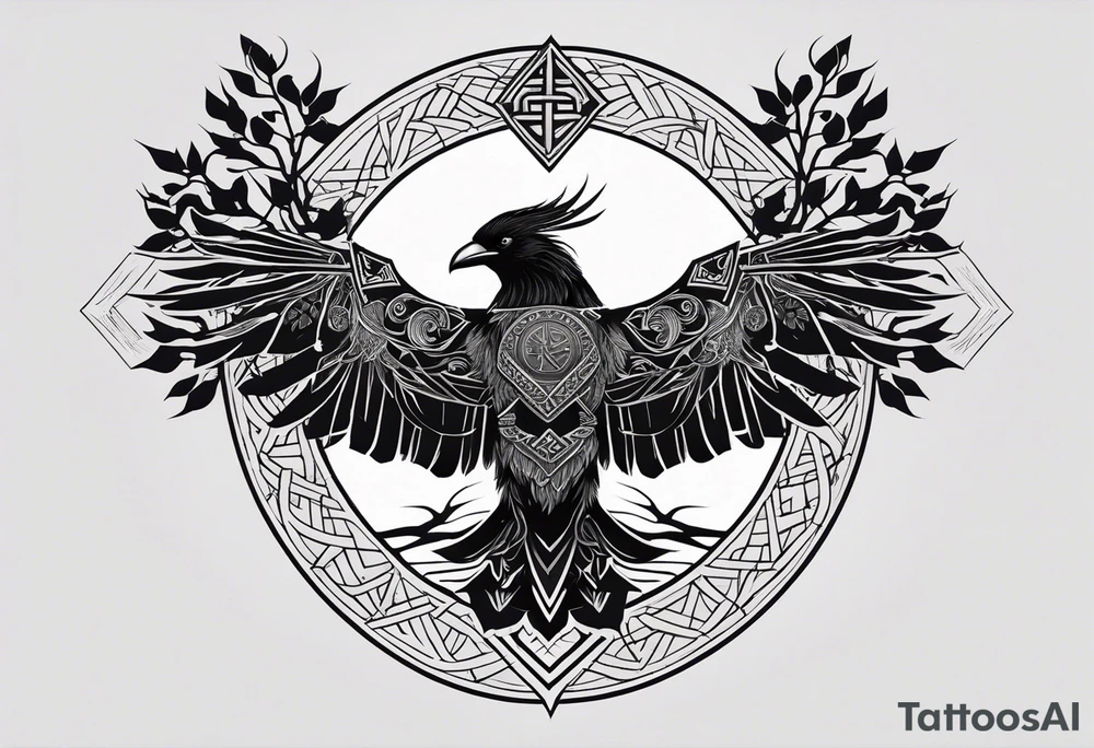 Viking design tattoo to go down the upper arm, so long and thin.
 Vegvisir on top of a raven with its wings outstretched, below it a Viking valknut symbol intertwined beneath it a tree if life design tattoo idea