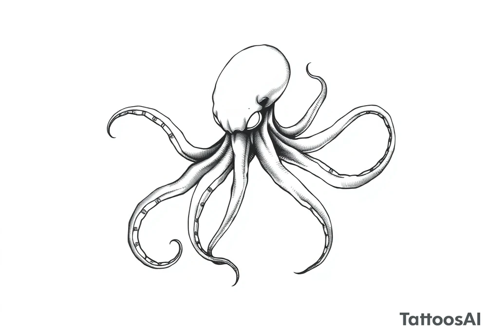 A minimalist blackwork tattoo design of an evil kraken The kraken is viewed from a 45-degree angle facing left, with its head centered. The tentacles extend only to the left and right, with none going downward beneath the head. the tentacles are quite long reaching to the left and right. The style is clean, fine-line detailing with bold outlines, avoiding heavy shading. The tentacles should be fluid, aggressive, and striking, enhancing the menacing and eerie look of the kraken while maintaining a cohesive design for a tattoo sleeve. tattoo idea