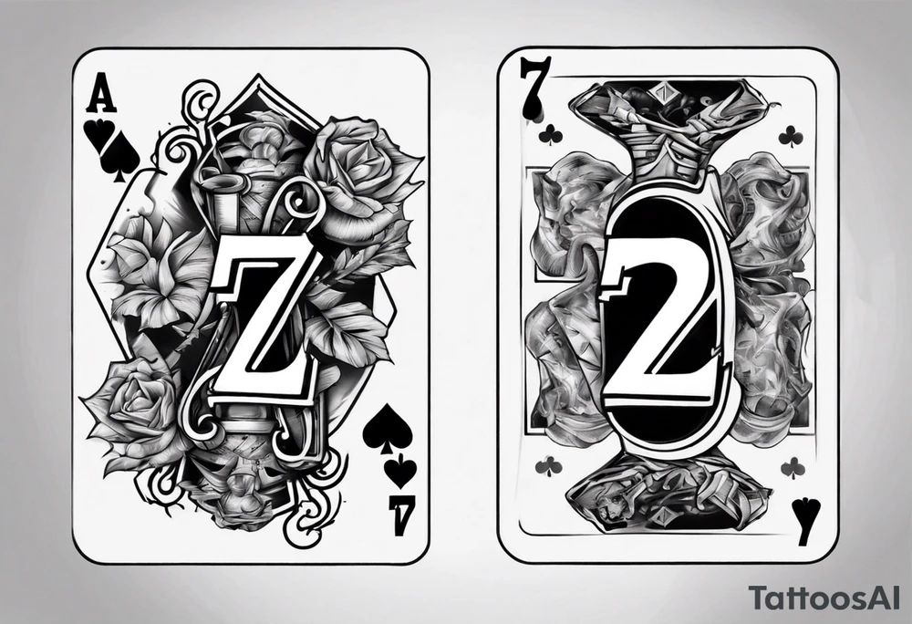 Number 7 and number 2 stacked poker card, most outward facing card has a small grave on it tattoo idea