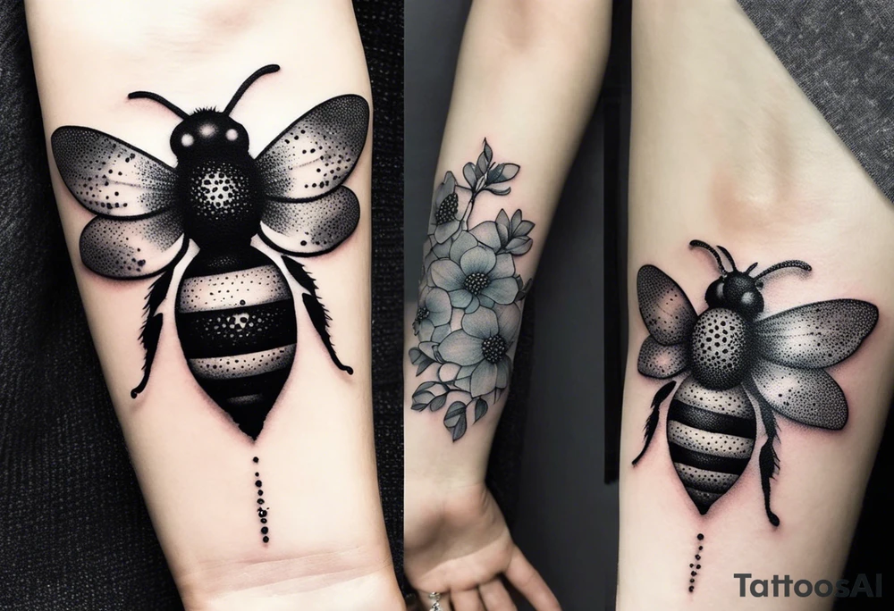 Small tattoo. There’s a hydrangea and a bee but they are not touching. Make the bee smaller than the hydrangea and have the bee off to the side. tattoo idea