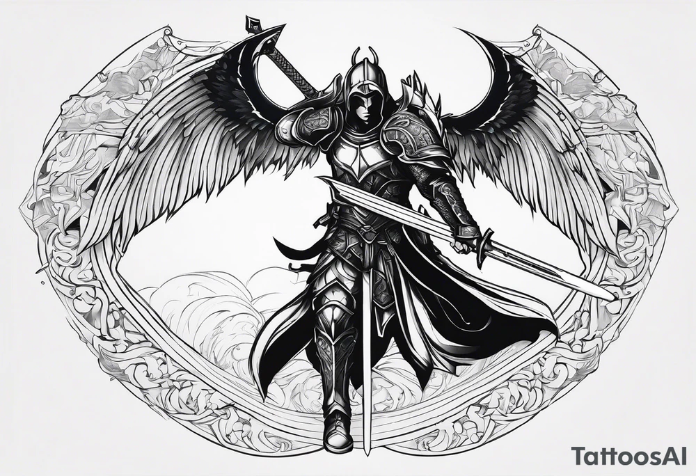 Arch angel hood fighting sword male full body heavenly armor tattoo idea