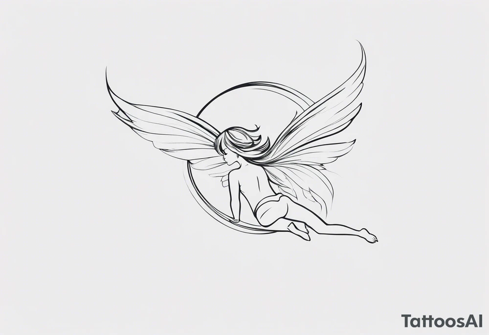 Minimalistic, monochromatic fairy with a tail flying to the left in a fetal position, leaning and looking in the same direction, with visible hands, embodying the 'Fairy Tail' logo aesthetic. tattoo idea