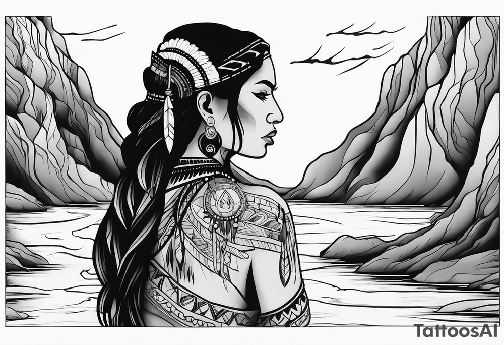 A native American Indian woman by a waterfall she is Aquarius water barrer she has tattoos and her eyes can see right through you tattoo idea