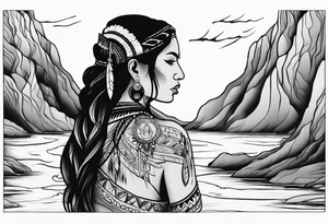 A native American Indian woman by a waterfall she is Aquarius water barrer she has tattoos and her eyes can see right through you tattoo idea