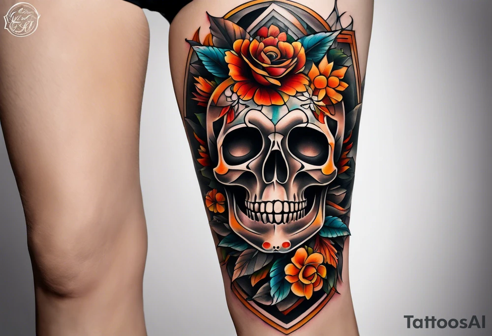 center knee tattoo with fall colors, flowers, skulls and geometric shapes. tattoo idea
