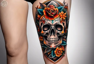 center knee tattoo with fall colors, flowers, skulls and geometric shapes. tattoo idea