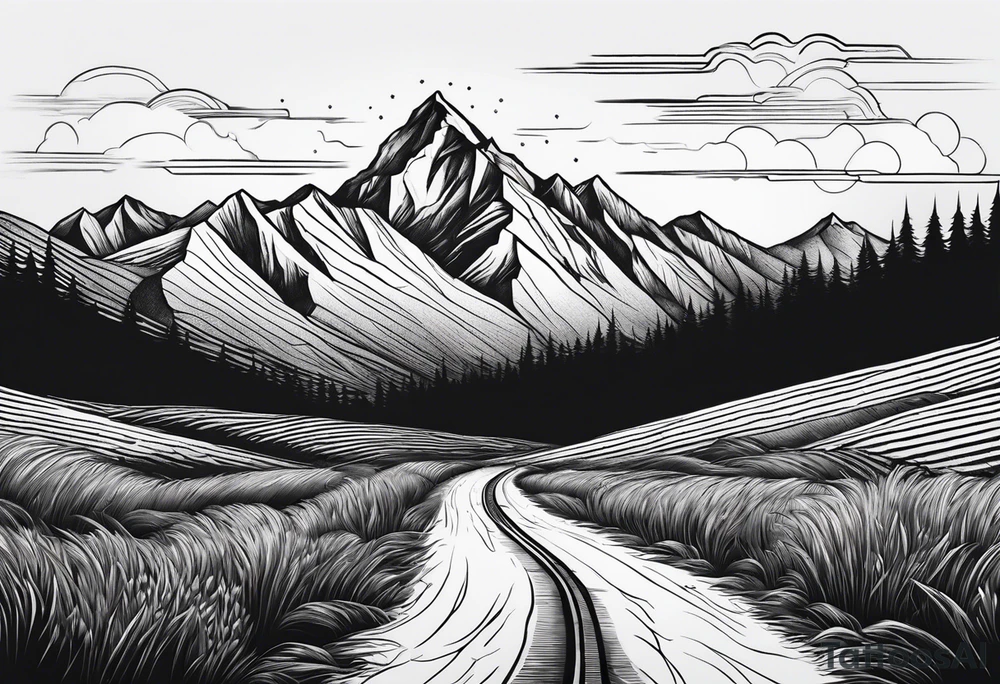 A long road to the mountains with mountains below tattoo idea