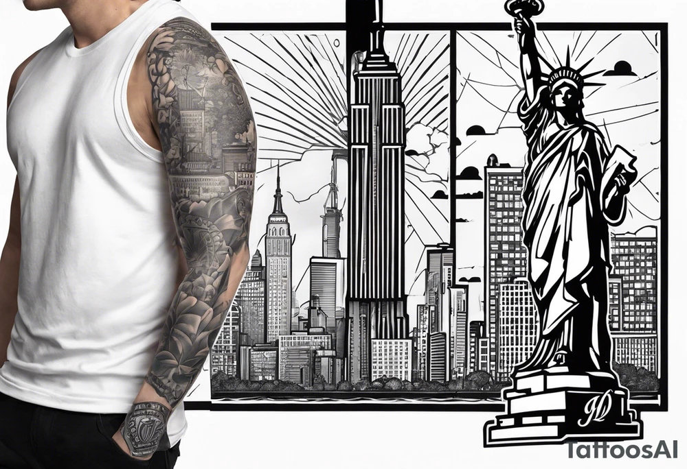 Upper right arm sleeve Statue of Liberty with street sign with shoes hanging off of it buildings in the background and the New York Yankees logo tattoo idea