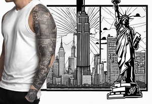 Upper right arm sleeve Statue of Liberty with street sign with shoes hanging off of it buildings in the background and the New York Yankees logo tattoo idea