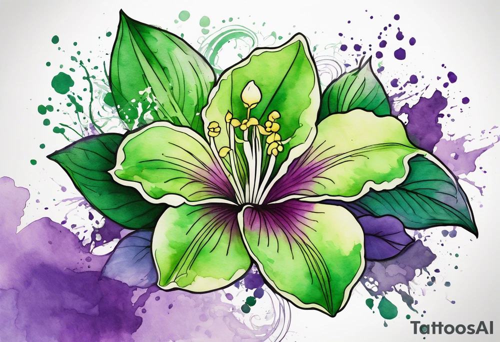 An outline of a green rio dipladenia flower and a green and purple watercolor splash in the background tattoo idea