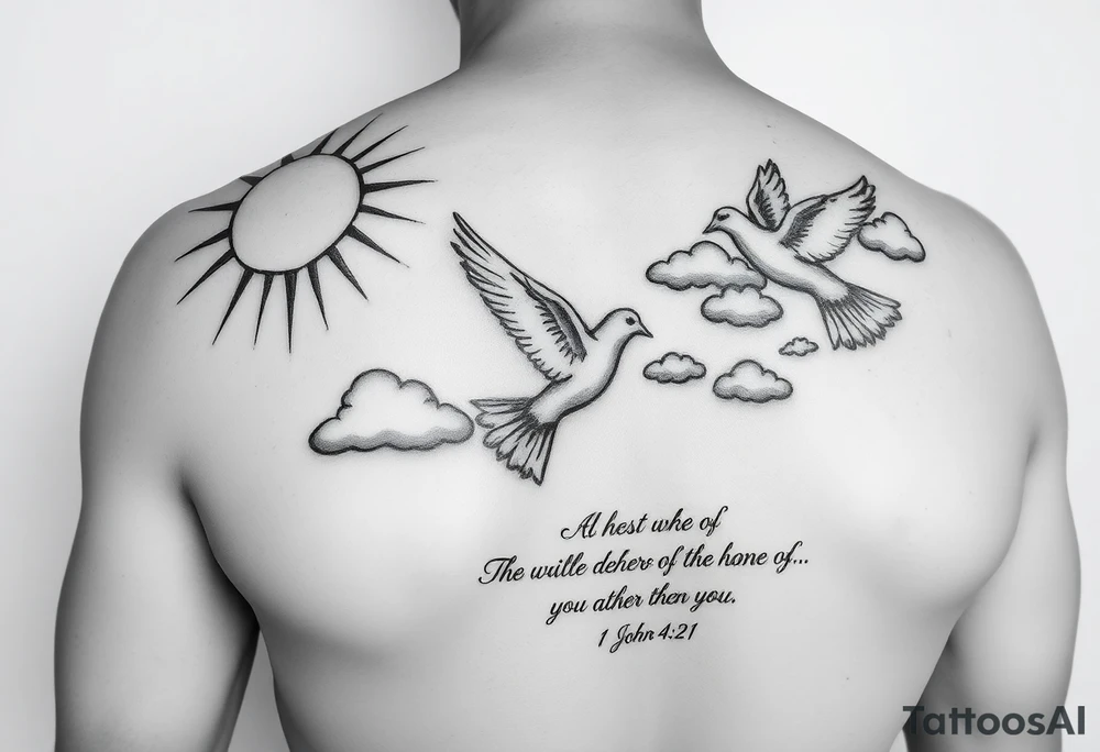 sun rays starting on shoulder going a bit onto chest and down arm with some clouds, mourning dove, bible verse 1 John 4:21 written on the bicep tattoo idea