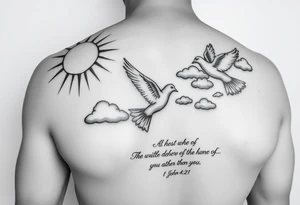 sun rays starting on shoulder going a bit onto chest and down arm with some clouds, mourning dove, bible verse 1 John 4:21 written on the bicep tattoo idea