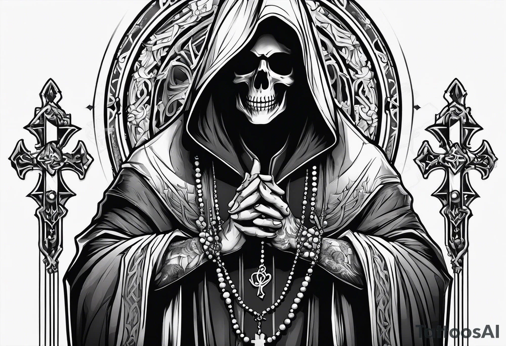 The grim reaper with praying hands and rosary rapped around his hands while he’s standing tattoo idea
