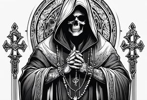 The grim reaper with praying hands and rosary rapped around his hands while he’s standing tattoo idea