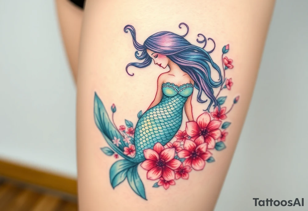 ethereal mermaid with flowing hair among coral and sea flowers tattoo idea