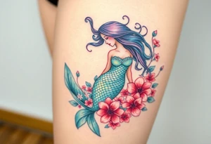 ethereal mermaid with flowing hair among coral and sea flowers tattoo idea