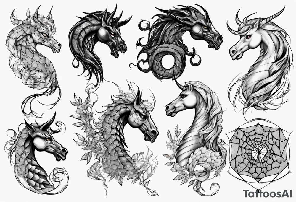 Black widow queen tangled web dragon scales unicorn tattoo idea