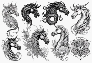 Black widow queen tangled web dragon scales unicorn tattoo idea