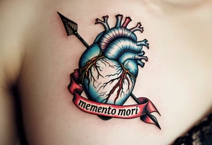 A vintage anatomical heart, pierced by a black arrow, with the phrase "memento mori" written in a blood-red ribbon. tattoo idea