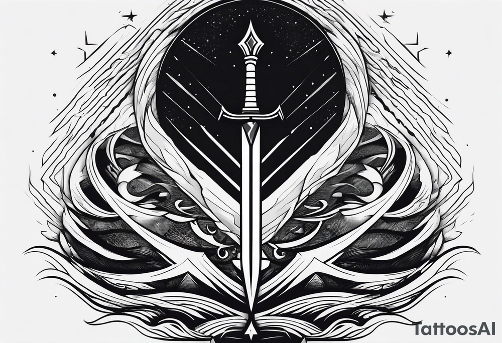 Geometric, sword, lightning bolt and waves tattoo idea