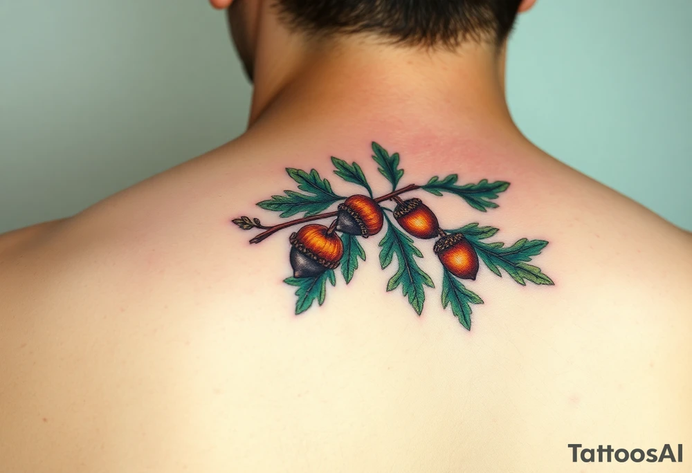 on the hand an oak branch with thick leaves and acorns an oak branch with thick leaves and acorns oak branch with thick leaves and acorns tattoo idea