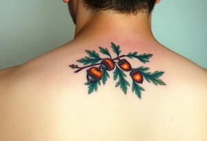 on the hand an oak branch with thick leaves and acorns an oak branch with thick leaves and acorns oak branch with thick leaves and acorns tattoo idea