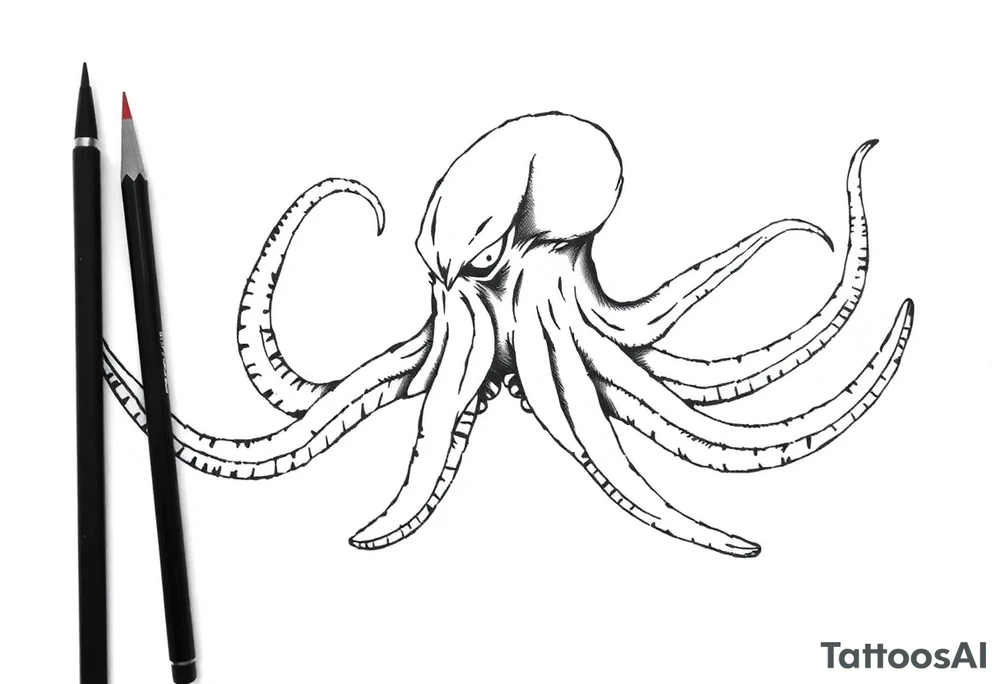 A minimalist blackwork tattoo design of an evil kraken The kraken is viewed from a 45-degree angle facing left, with its head centered. The tentacles extend only to the left and right, with none going downward beneath the head. the tentacles are quite long reaching to the left and right. The style is clean, fine-line detailing with bold outlines, avoiding heavy shading. The tentacles should be fluid, aggressive, and striking, enhancing the menacing and eerie look of the kraken while maintaining a cohesive design for a tattoo sleeve. tattoo idea