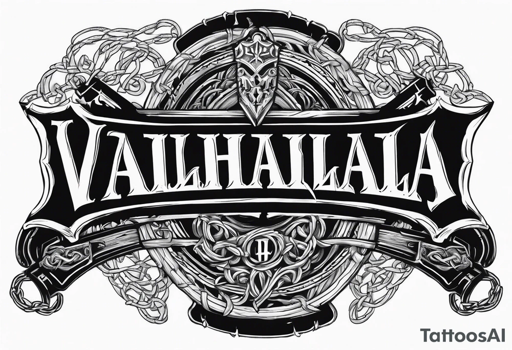 Valhalla sword round shield axe barbed wire chains dark cloud tattoo idea