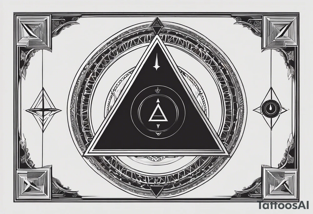 Design Layout
Primary Shape: A triangle as the main framing element, representing harmony and balance. The triangle contains and organizes all other elements inside and around it.
Central Element: Compass in the center of the triangle, symbolizing guidance and direction.
Symbol Placement and Details
Anchor (Strength): Positioned at the lower-left point of the triangle, grounded and stable to represent strength and resilience.
Heart (Love): Placed near the upper-left of the triangle, symbolizing love as a core value.
Olive Branch (Peace): Located at the upper-right of the triangle, with soft, curved lines to convey calmness and peace.
Open Hand (Kindness): Positioned at the lower-right point of the triangle, slightly reaching out or open to symbolize kindness and generosity.
Lotus Flower (Compassion): In the center of the triangle surrounding or beneath the compass, symbolizing personal growth, compassion, and enlightenment.
Chain Link (Loyalty): Integrated into one side of the triangle’s border or framing, symbolizing unbreakable bonds and loyalty.
Sun (Goodness): Above or behind the triangle, radiating subtly to symbolize light, warmth, and goodness.
Clear Open Eye (Honesty): Near the compass or positioned centrally within the triangle, representing clarity, insight, and honesty. tattoo idea